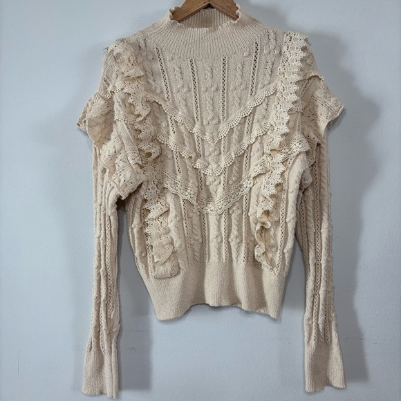 Piper & Scoot Cream Boho Cottagecore Crochet Mock Neck Cable Knit Sweater Size M - Picture 2 of 7
